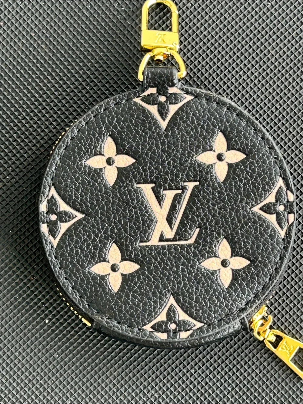 LV Black & Cream Monogram Round Coin Pouch with Gold Hardware